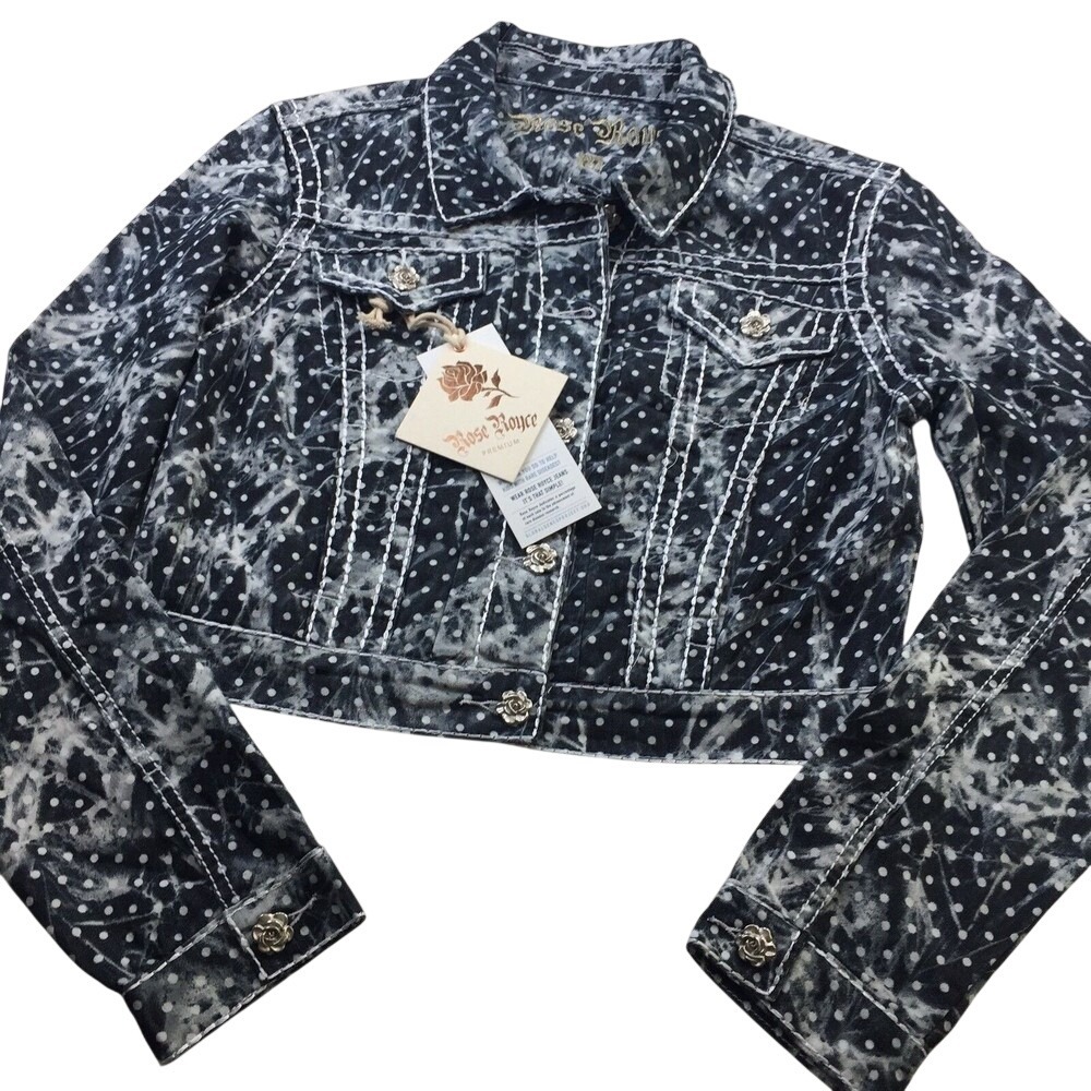 Rose Royce Premium Vanessa Polka Dot Acid Wash Denim Cropped Jacket JR163-WCKL M